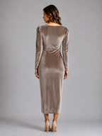 Velvet Ruched Midi Dress with Gold-Tone Waist Detail – Long Sleeve Style
