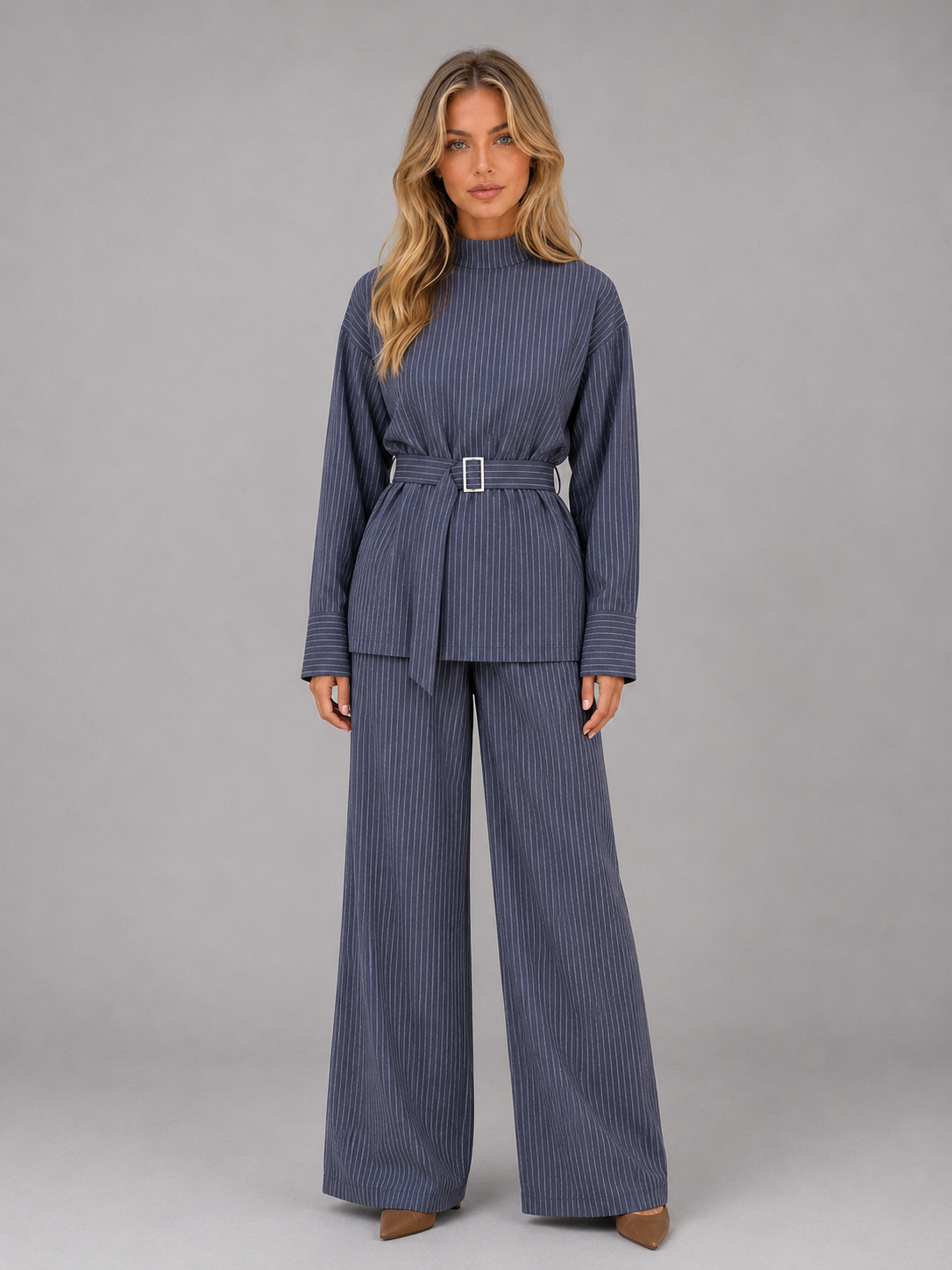 Pinstripe Two-Piece Set – High Neck Top & Wide Leg Trousers