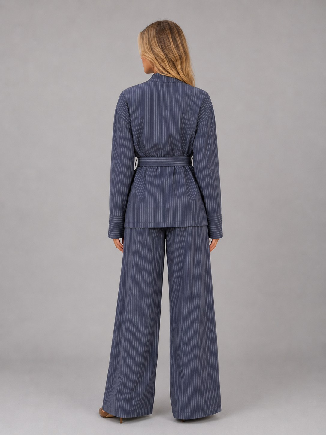 Pinstripe Two-Piece Set – High Neck Top & Wide Leg Trousers