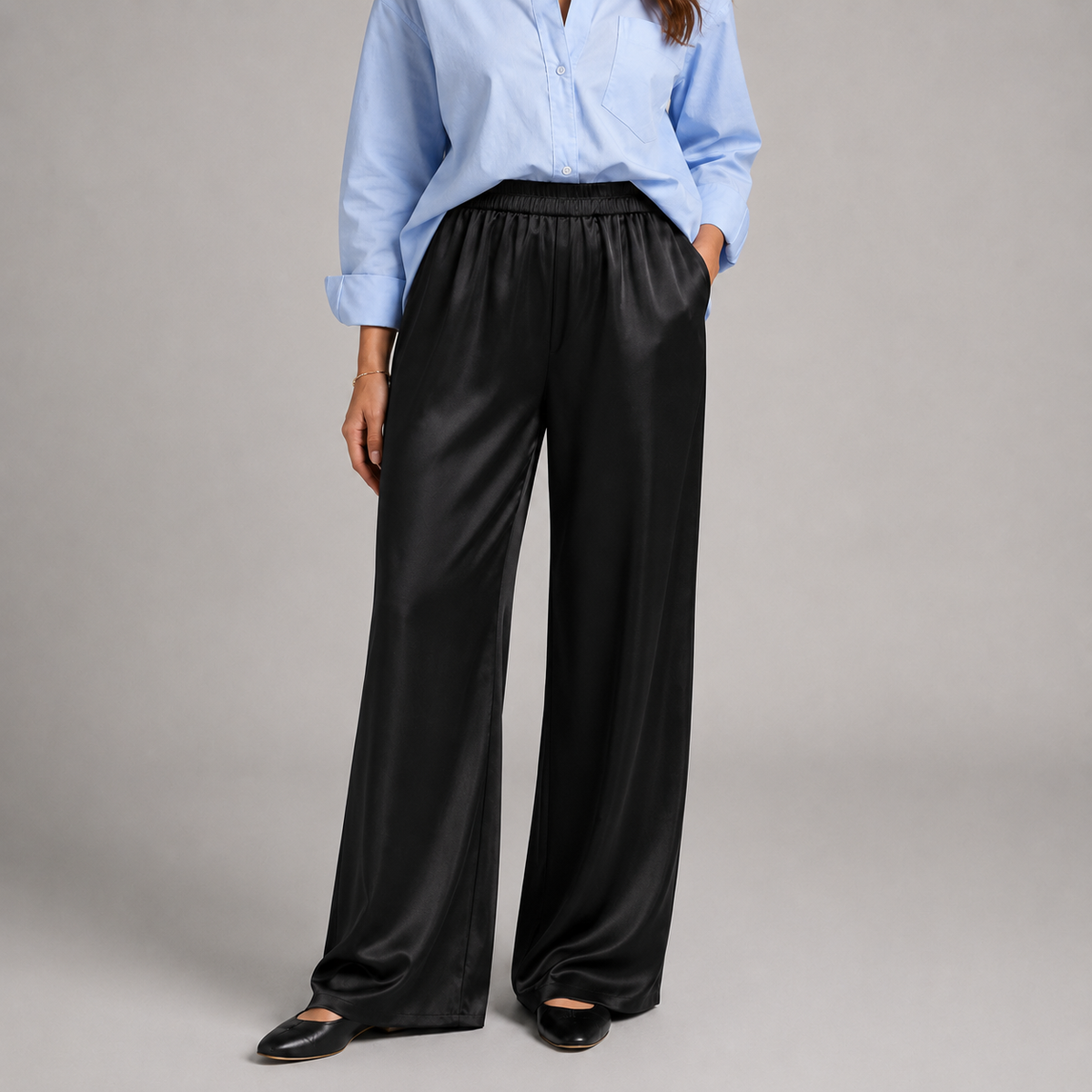 Satin-Look Wide Leg Trousers with High Waist