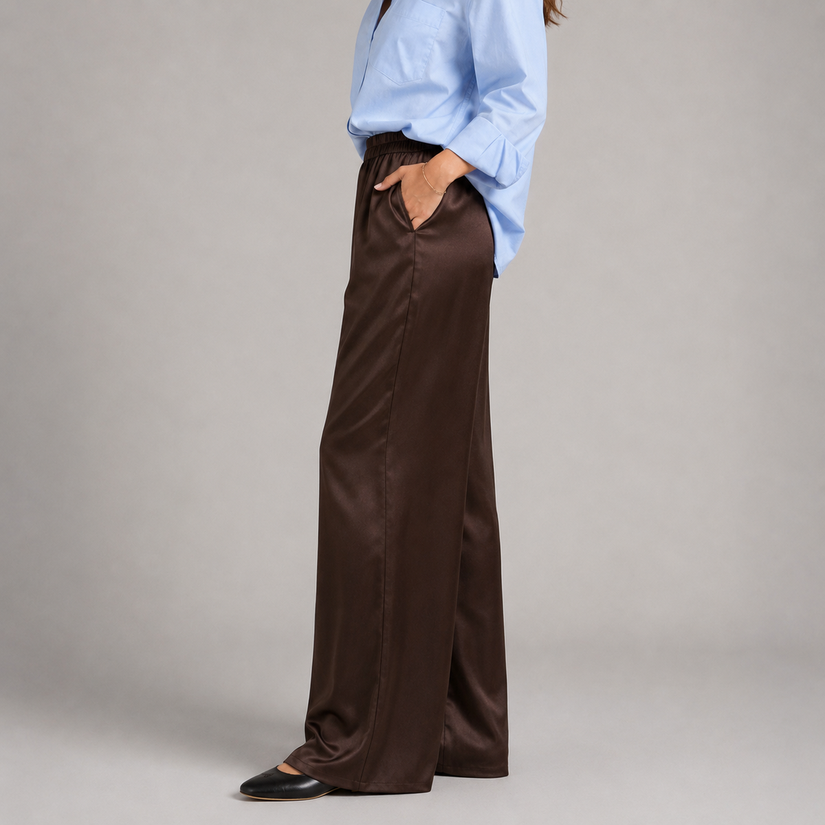 Satin-Look Wide Leg Trousers with High Waist
