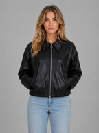 Zip Leather Jacket with Pockets – Relaxed Cropped Fit
