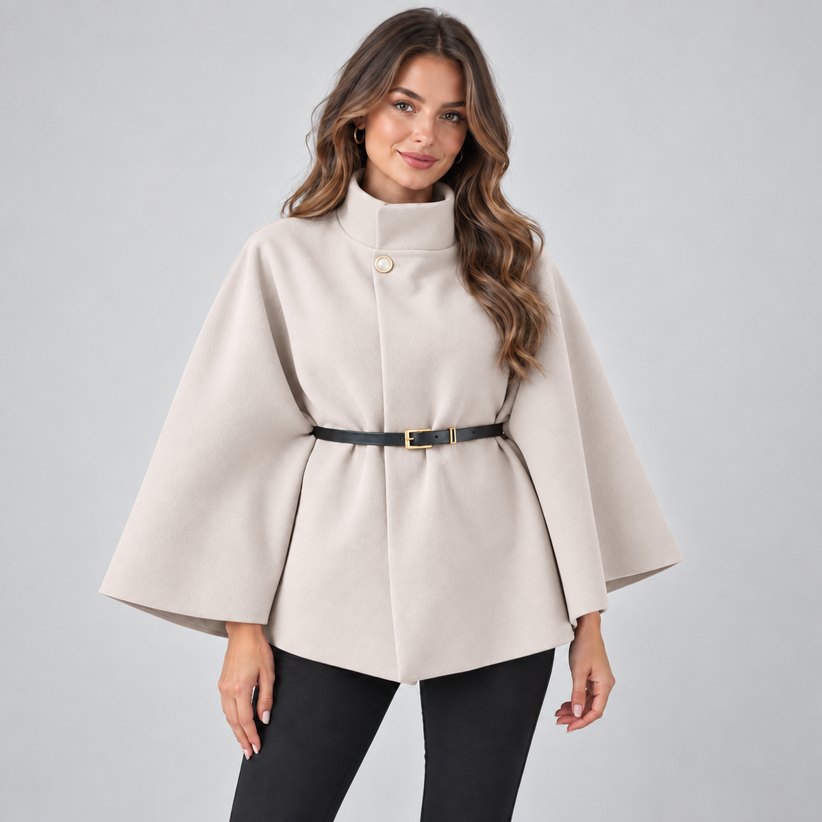 Cape Coat Belted High Neck