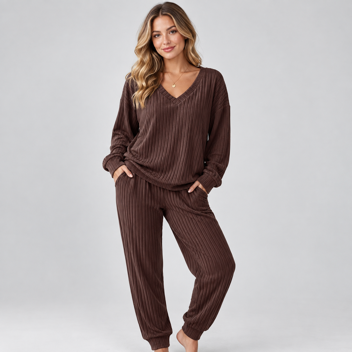 Lounge Set V Neck Long Sleeve Knitted Two Piece