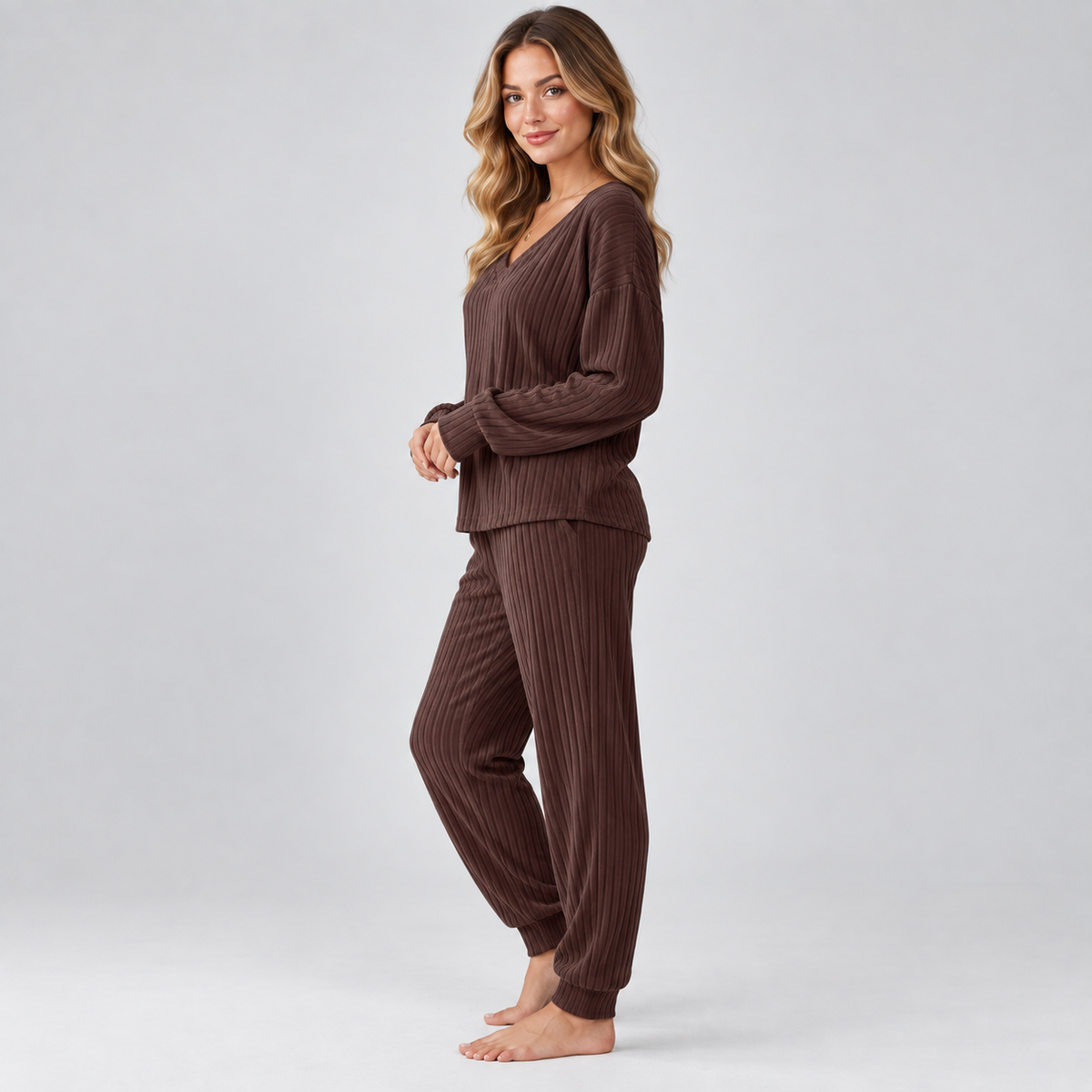 Lounge Set V Neck Long Sleeve Knitted Two Piece