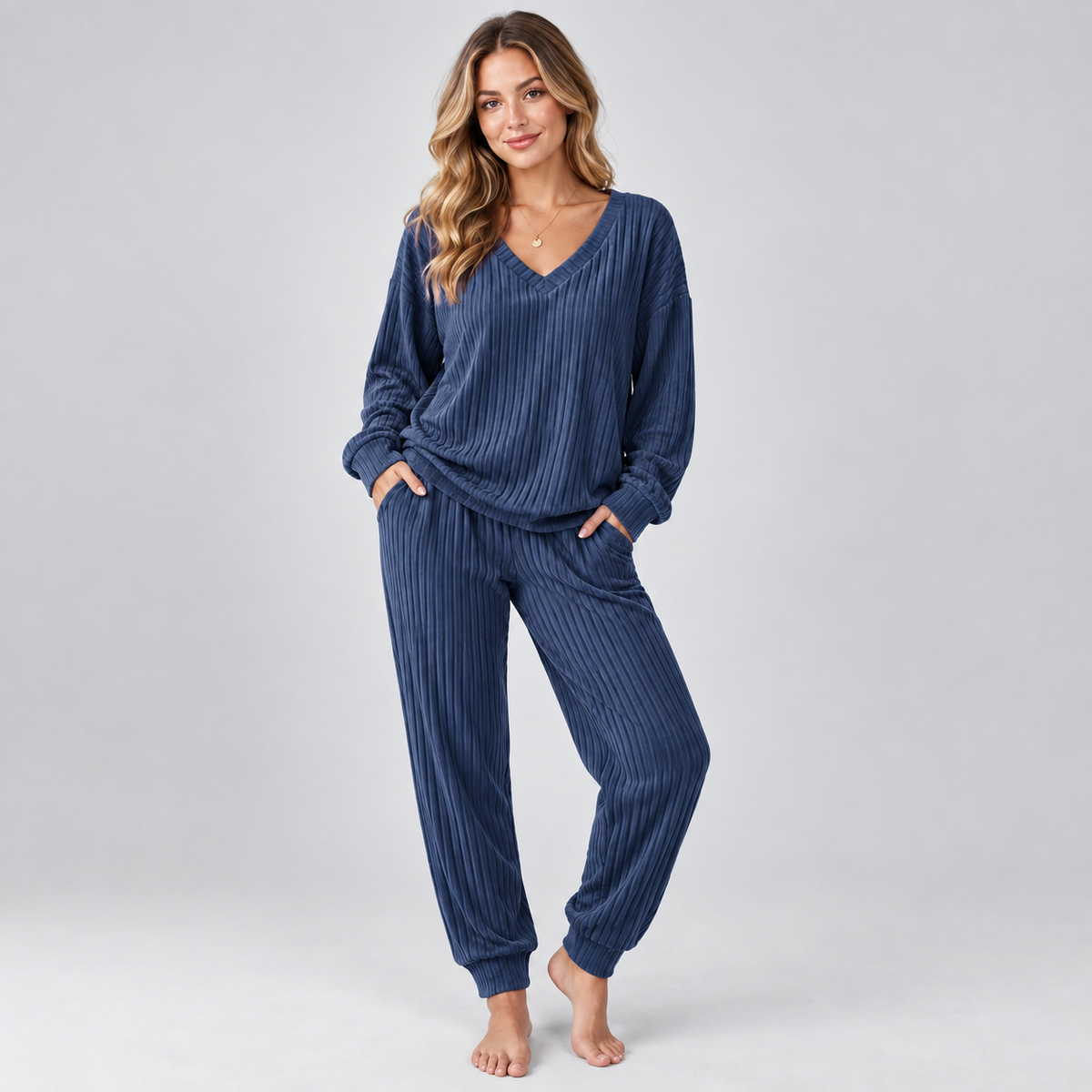 Lounge Set V Neck Long Sleeve Knitted Two Piece