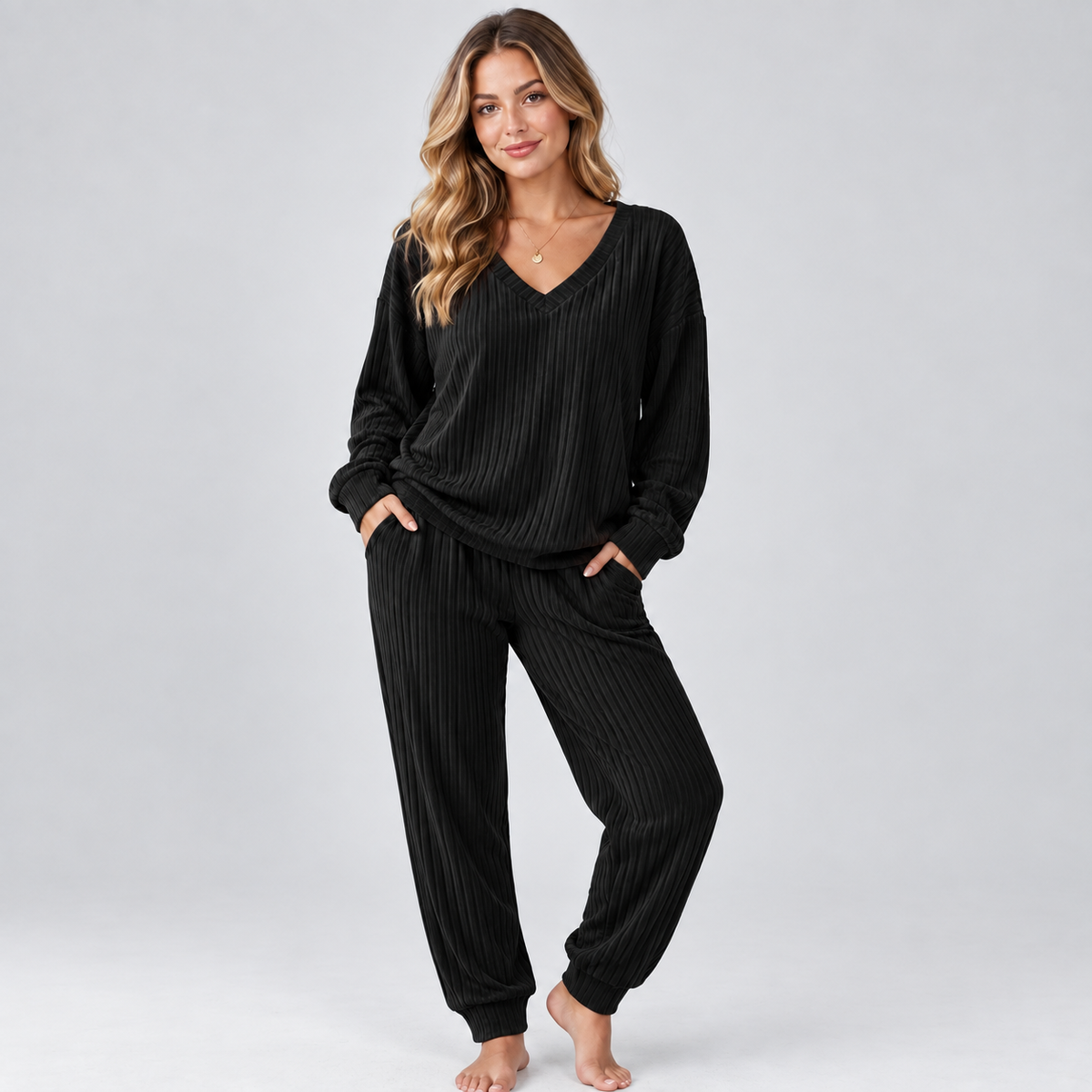 Lounge Set V Neck Long Sleeve Knitted Two Piece