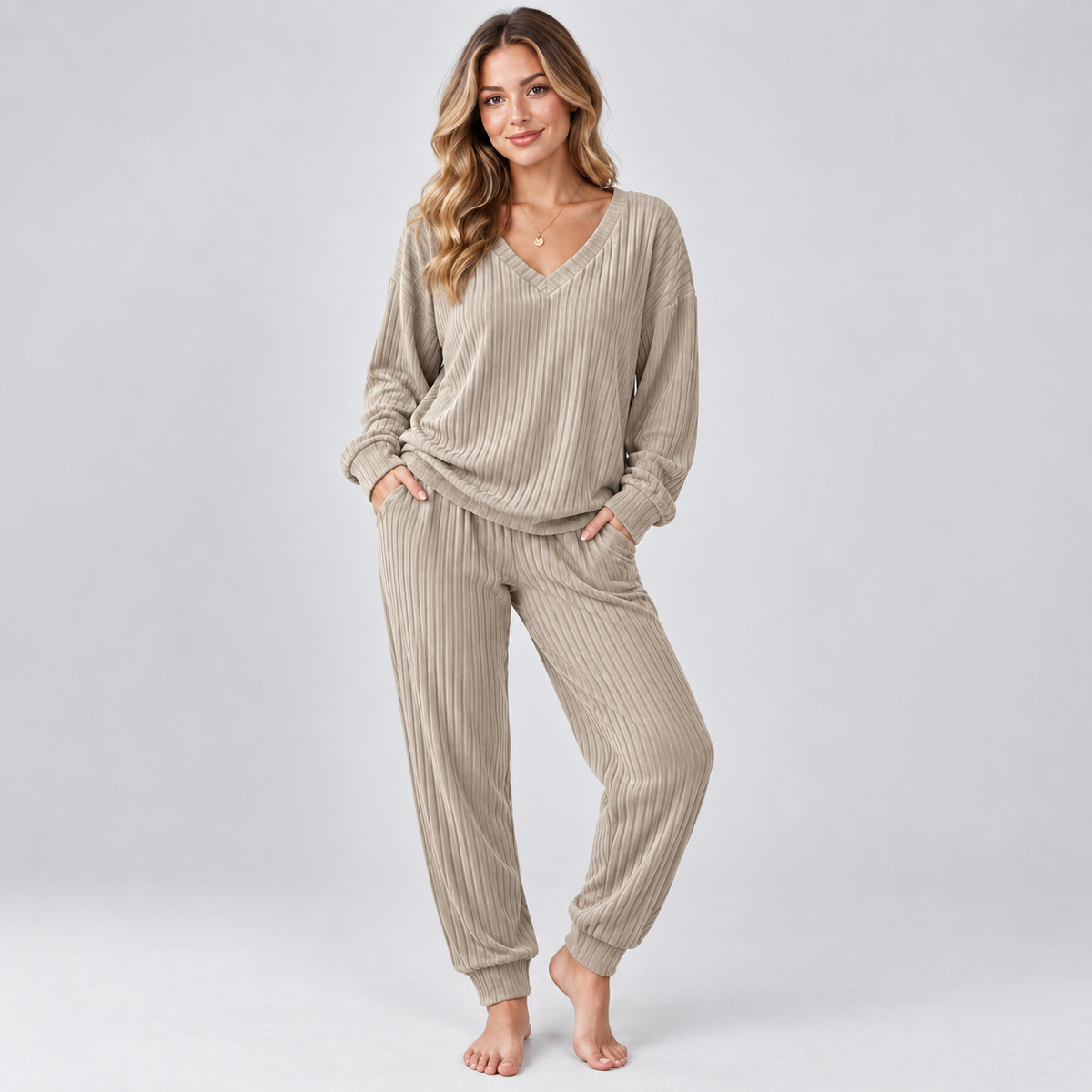 Lounge Set V Neck Long Sleeve Knitted Two Piece