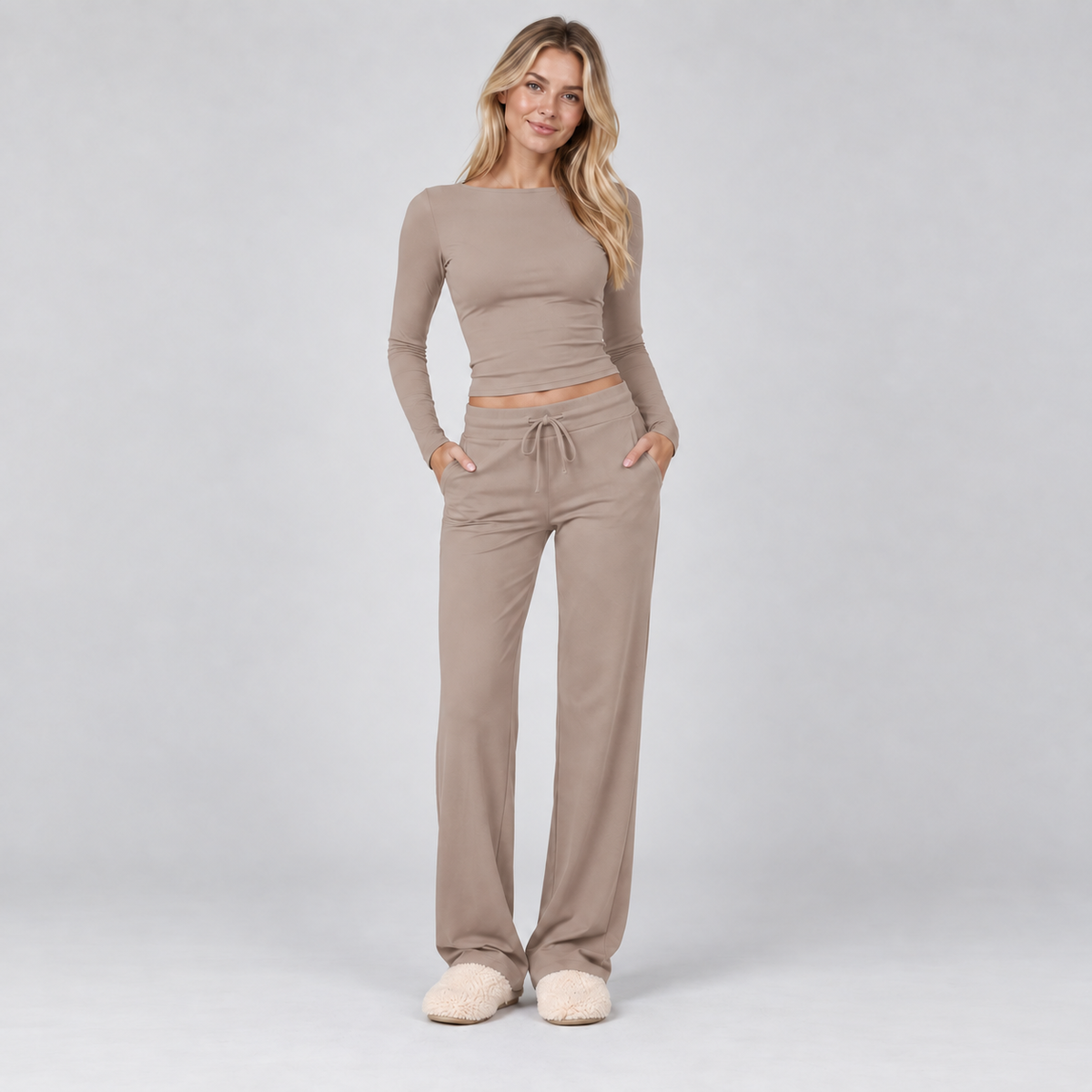 Loungewear Set Ribbed Long Sleeve Drawstring Two Piece