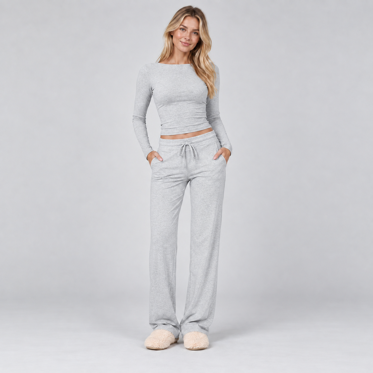 Loungewear Set Ribbed Long Sleeve Drawstring Two Piece
