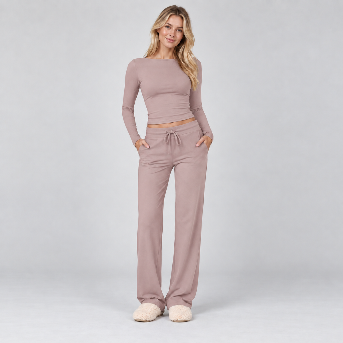 Loungewear Set Ribbed Long Sleeve Drawstring Two Piece