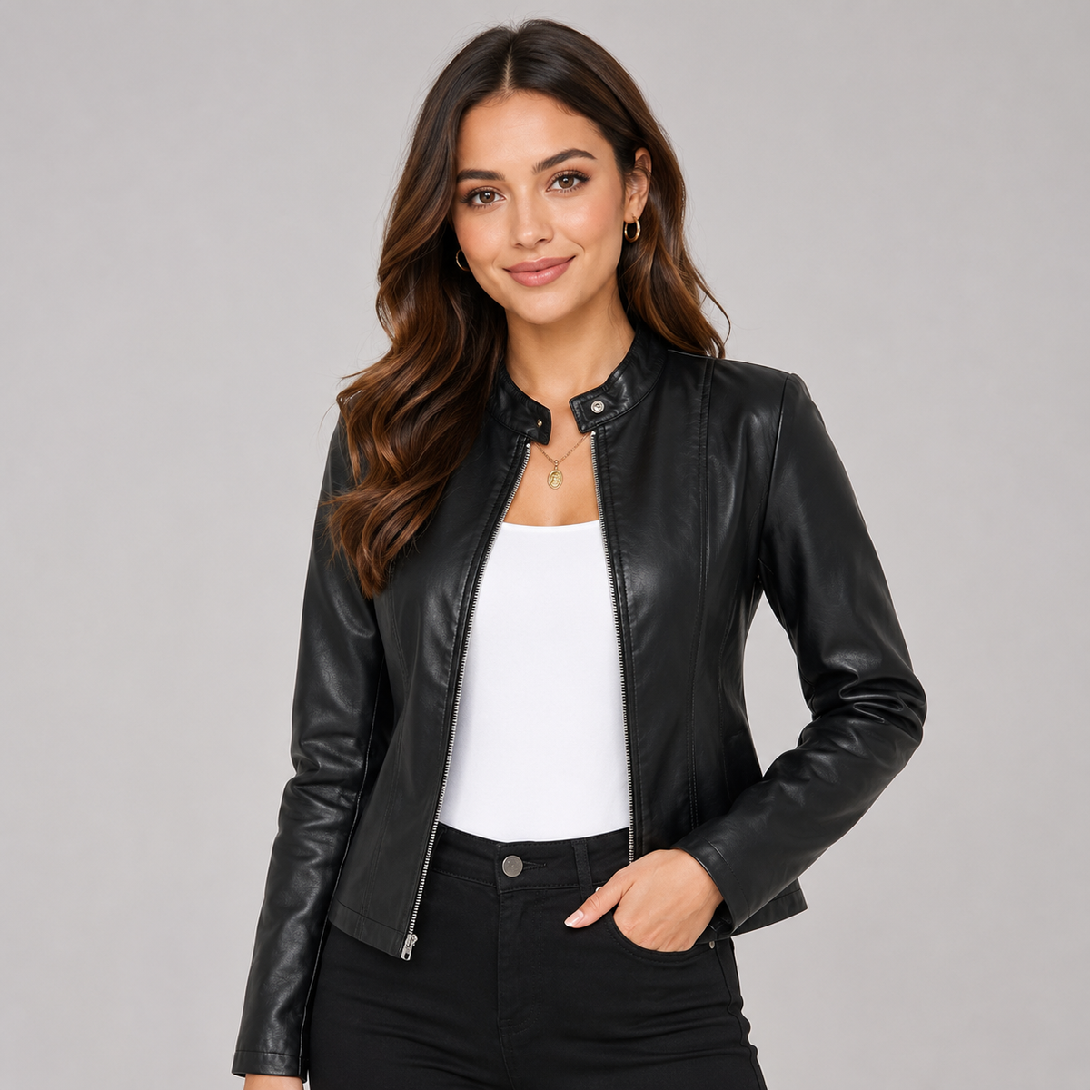 Faux Leather Biker Jacket with Zip Front