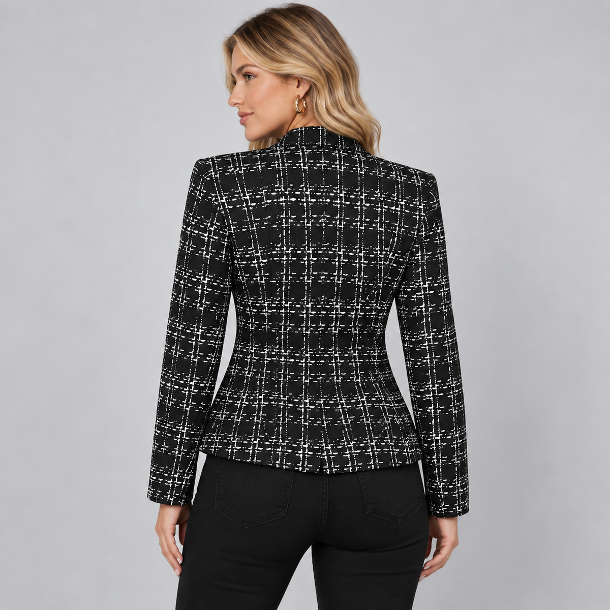 Blazer Check Tweed-Look Cropped Open Front