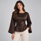 Blouse Satin-Look Tie Waist Long Sleeve