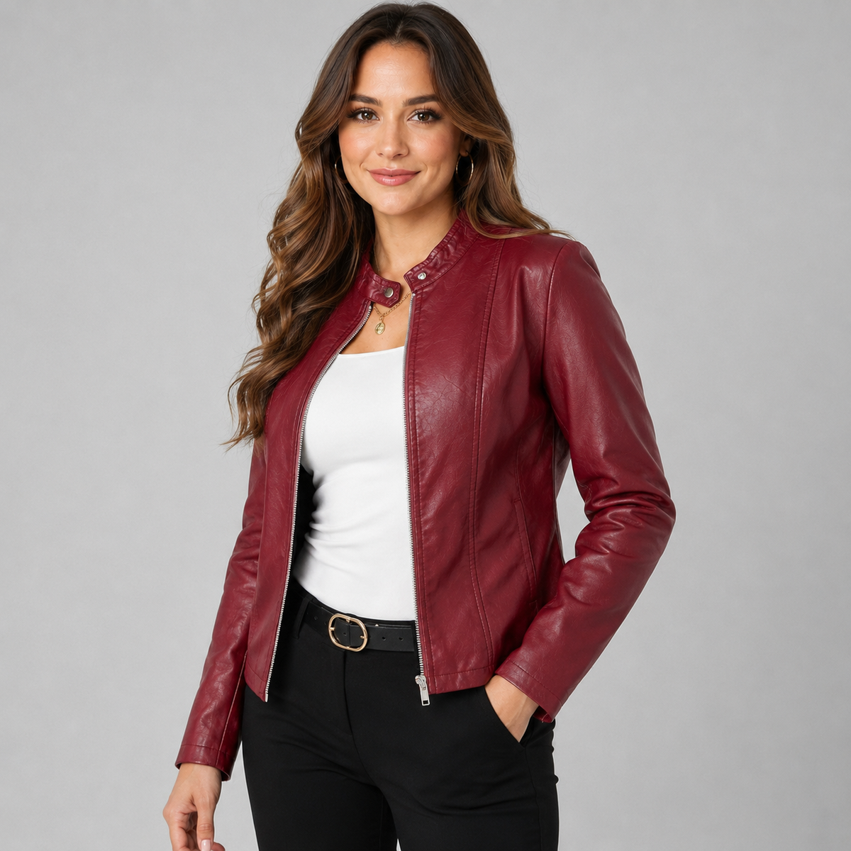 Faux Leather Biker Jacket with Zip Front