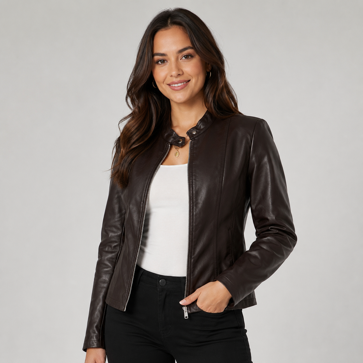 Faux Leather Biker Jacket with Zip Front