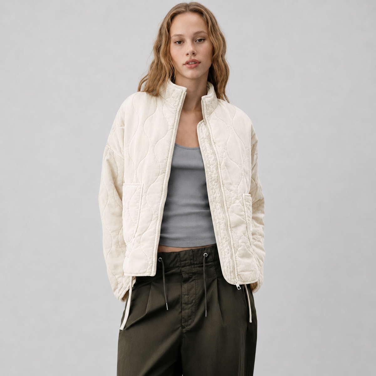 Quilted Jacket with High Collar and Patch Pockets