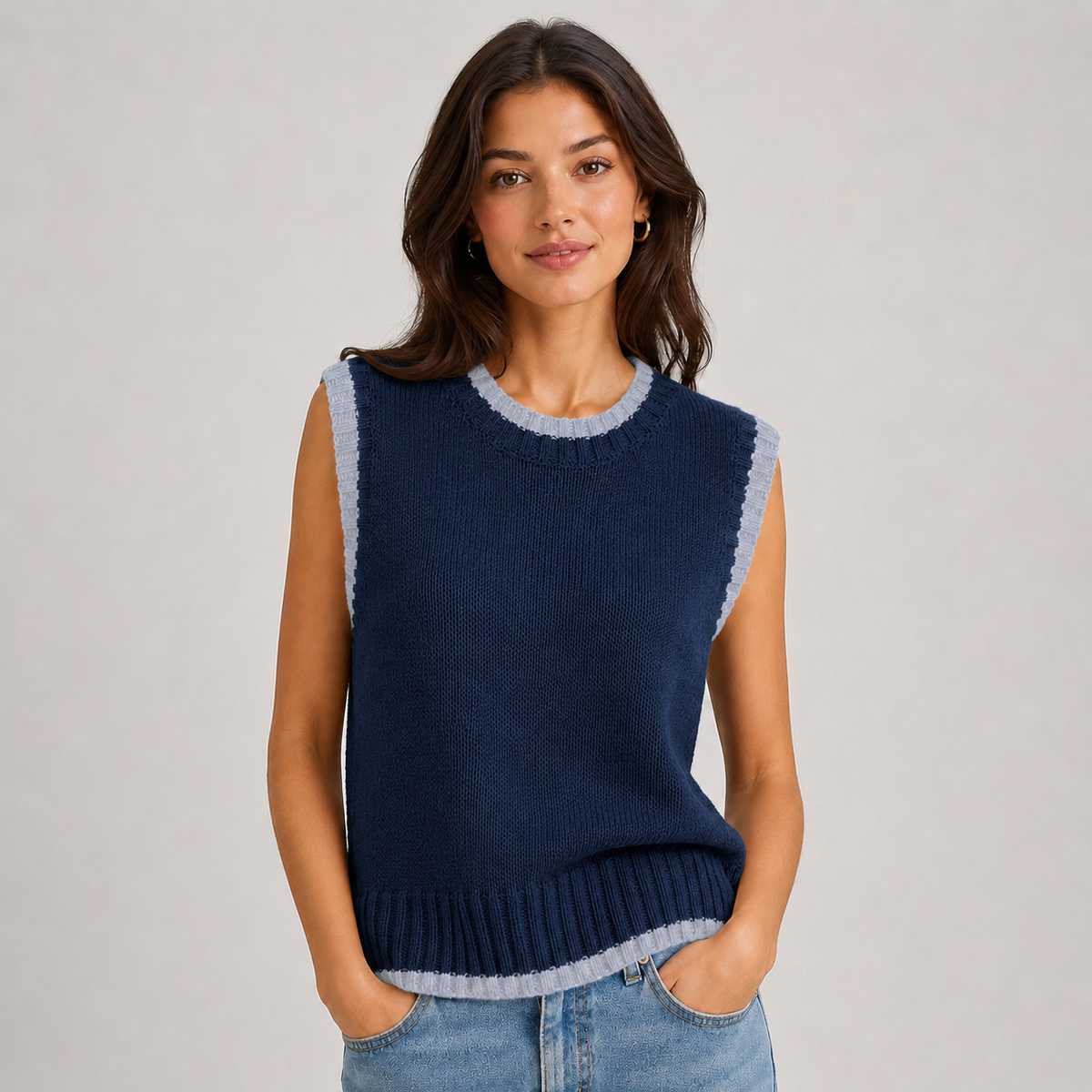 Sweater Vest Contrast Trim Round Neck