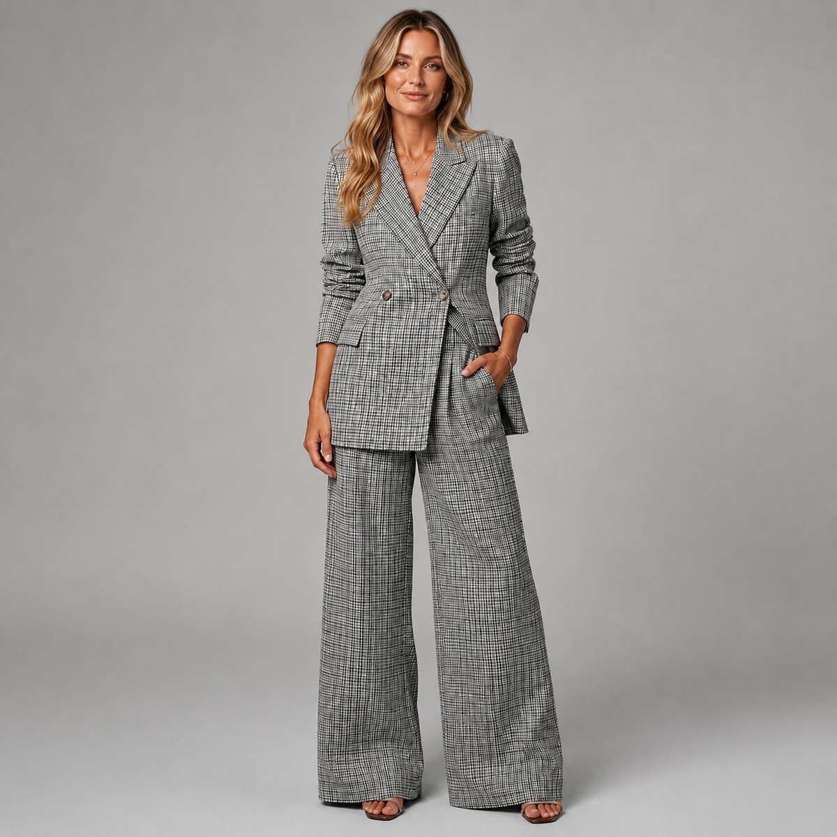 Suit Set Check Blazer Wide-Leg Trousers