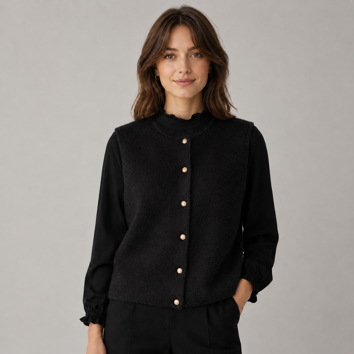 Sweater Vest Button Front Round Neck