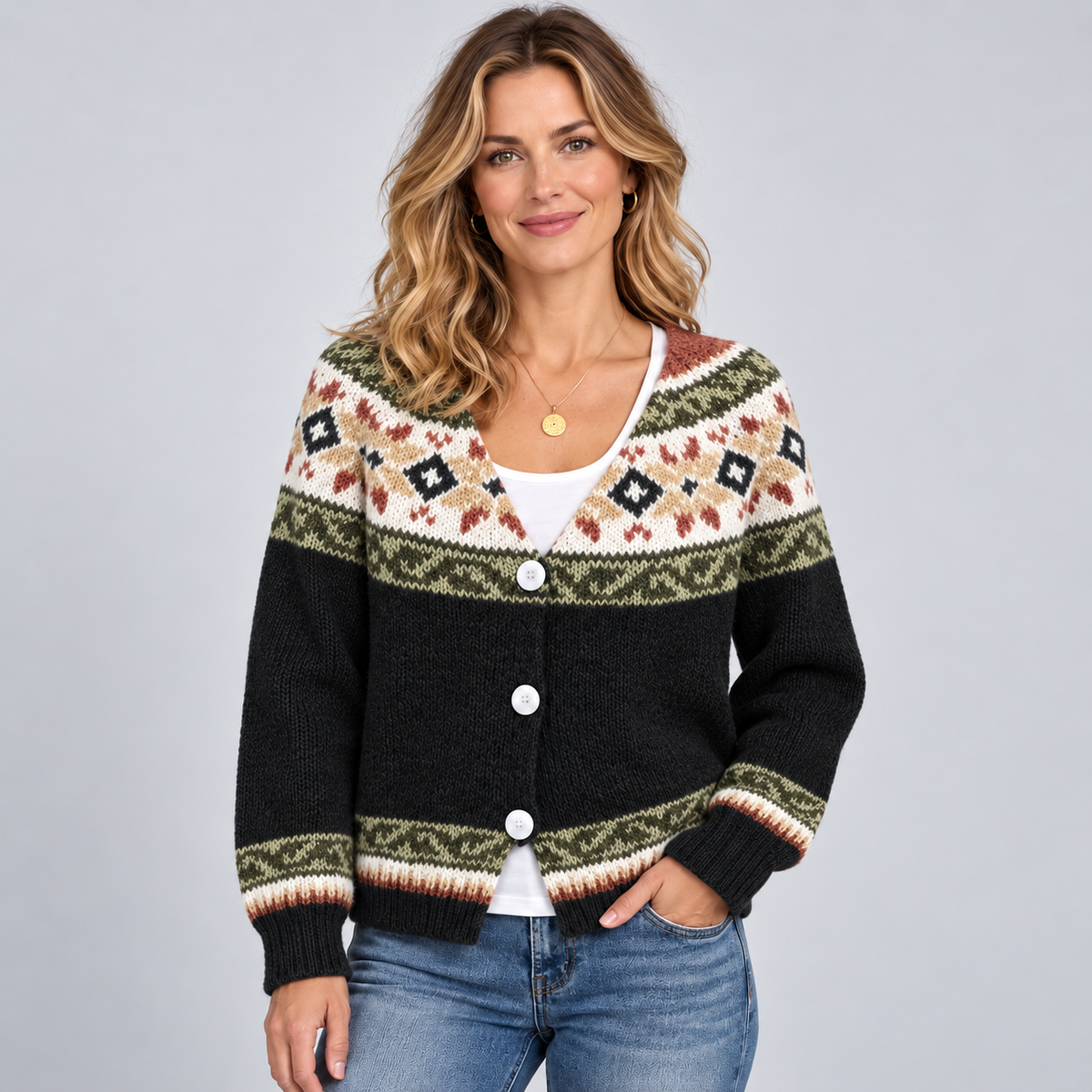 Cardigan Fair Isle Print Button Front