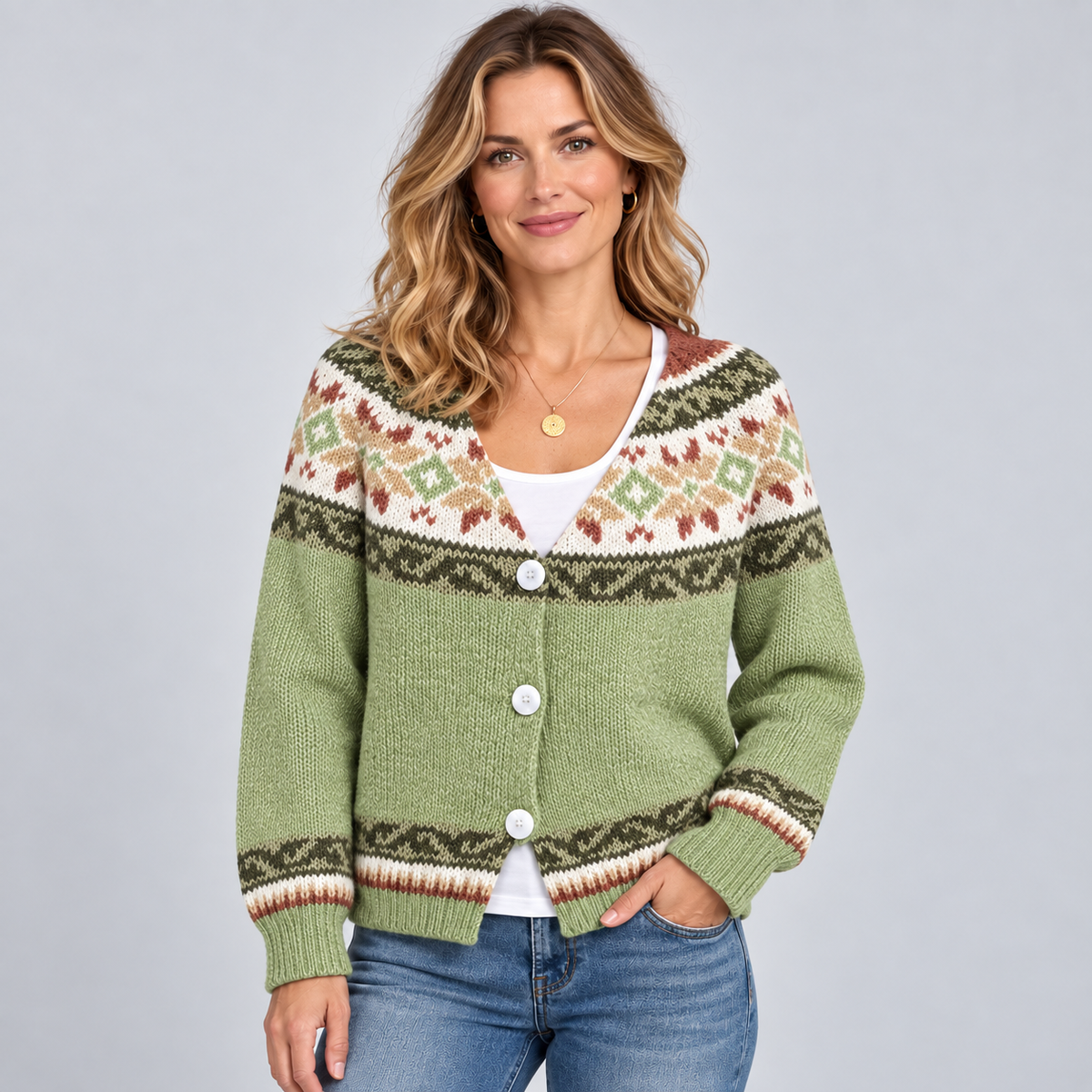 Cardigan Fair Isle Print Button Front