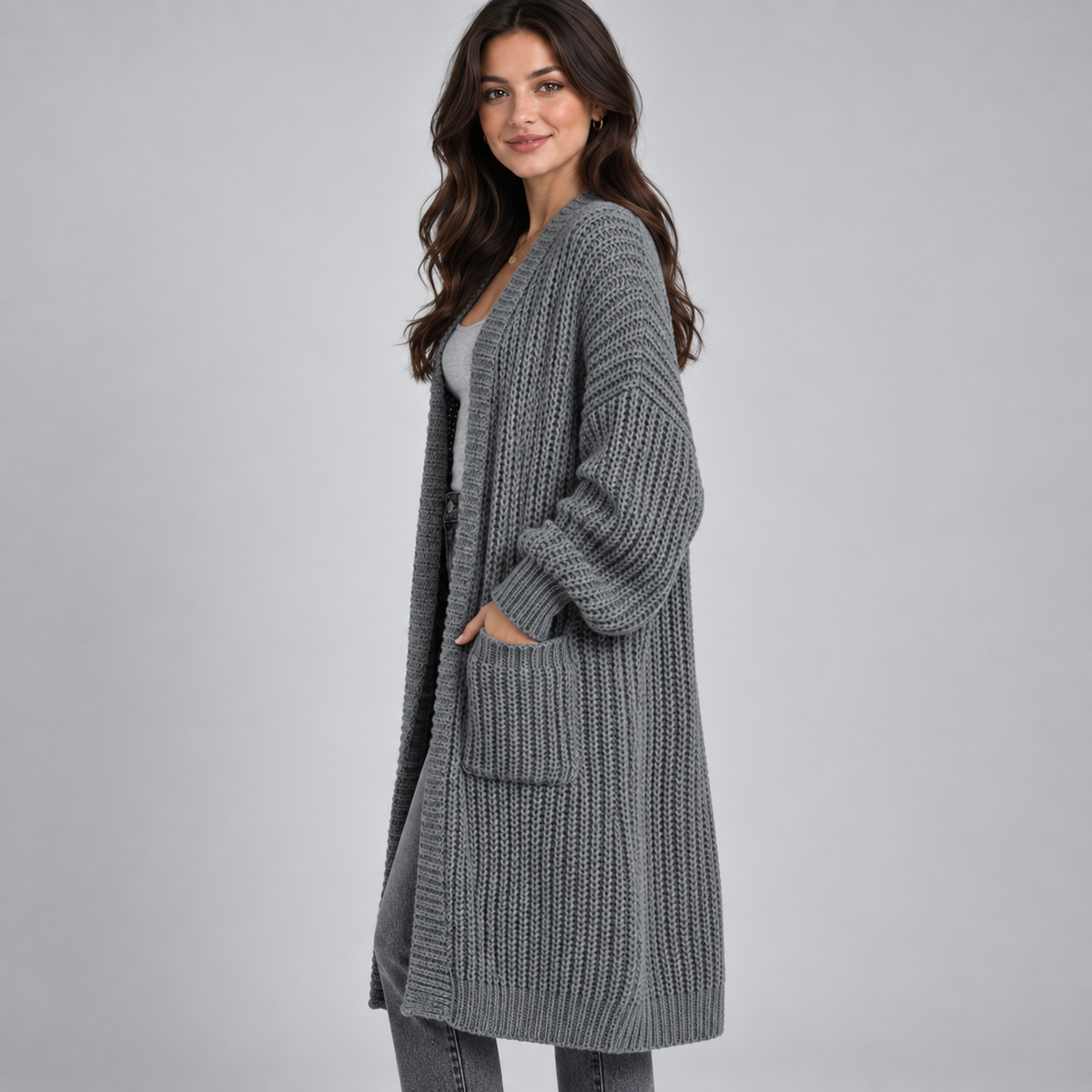 Cardigan Longline Chunky Knit Open Front