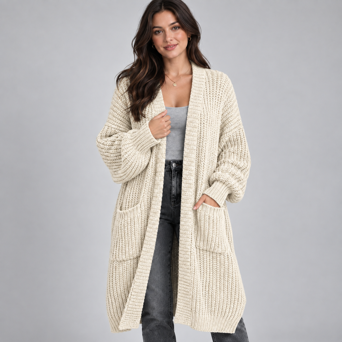 Cardigan Longline Chunky Knit Open Front