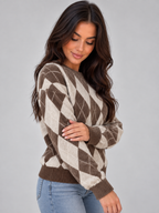 Argyle Knit Jumper – Crew Neck Long Sleeve Diamond Pattern Sweater