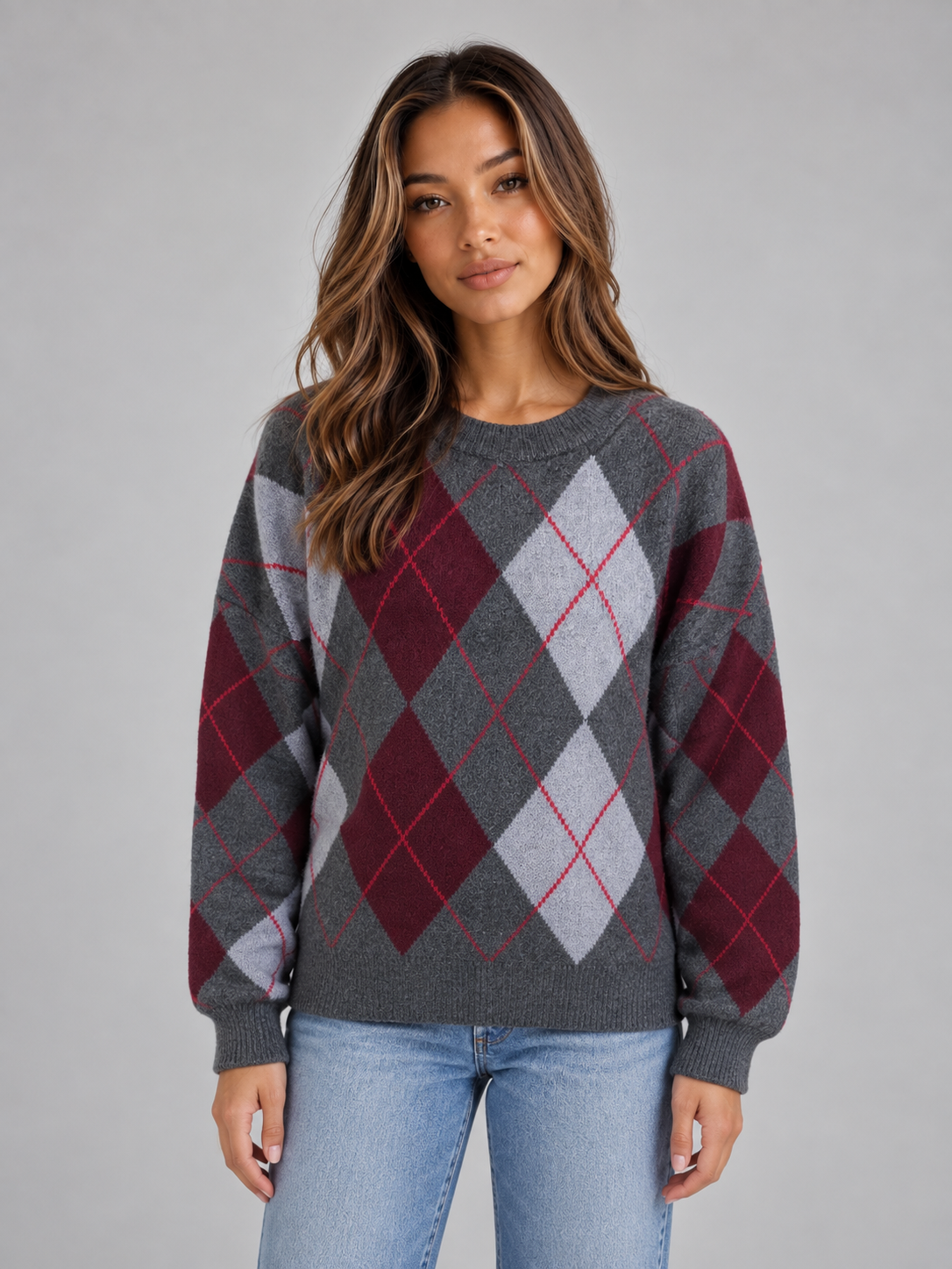 Argyle Pattern Knit Jumper – Crew Neck Long Sleeve Sweater