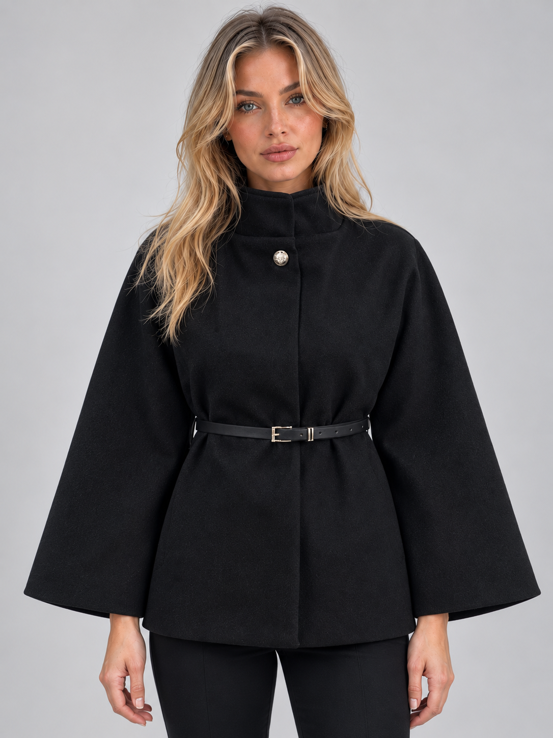 Belted Cape Jacket – High Neck Flared Sleeve Coat