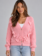 Bow Detail V-Neck Cardigan – Button Front Knitted Jumper