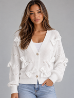 Bow Detail V-Neck Cardigan – Button Front Knitted Jumper
