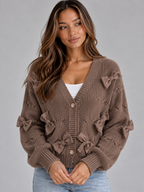 Bow Detail V-Neck Cardigan – Button Front Knitted Jumper