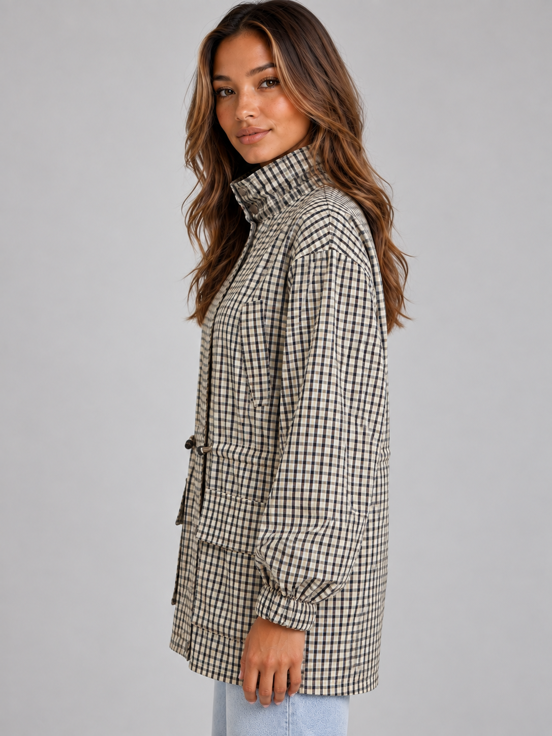 Checked Utility Jacket – High Neck Drawstring Field Coat