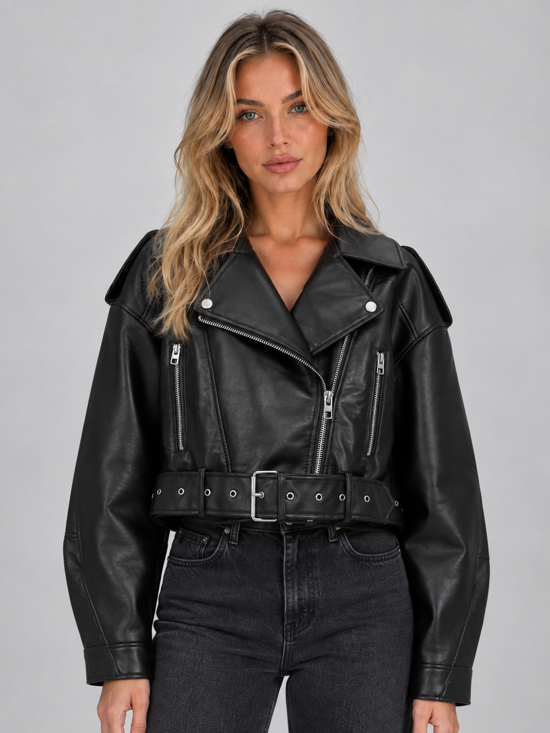 Cropped Biker Jacket – Belted Zip Motorcycle Style
