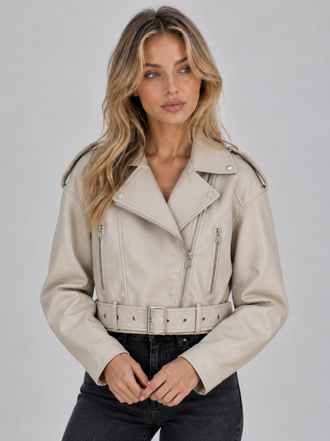 Cropped Biker Jacket – Belted Zip Motorcycle Style