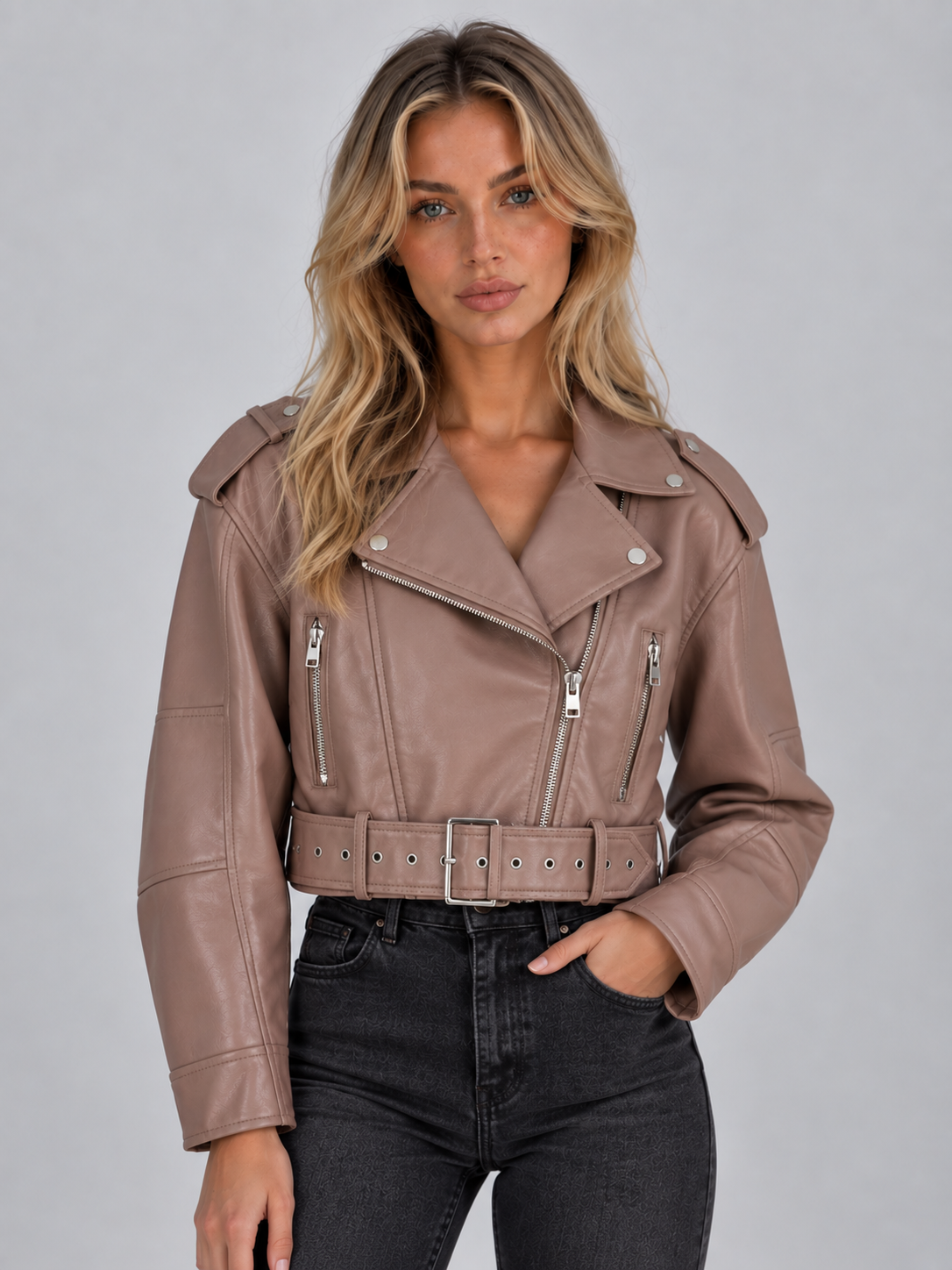 Cropped Biker Jacket – Belted Zip Motorcycle Style