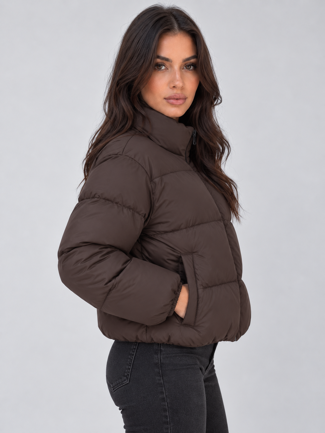 Cropped Puffer Jacket – High Neck Full Zip Padded Coat