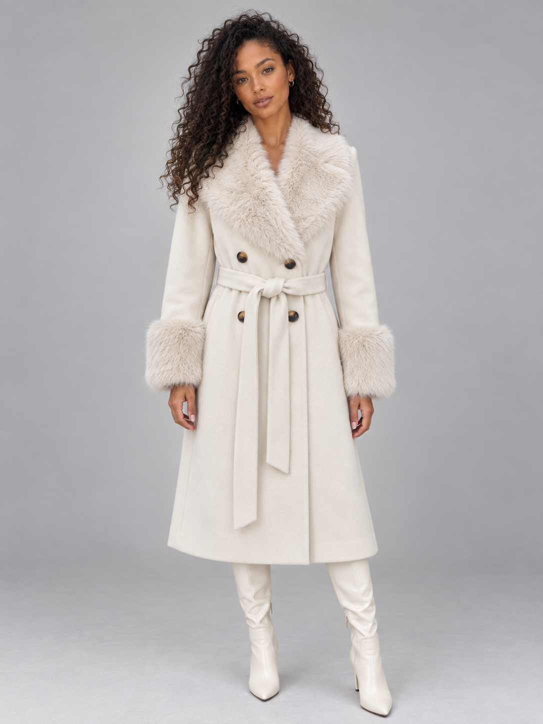 Faux Fur Collar Coat – Belted Double Breasted Long Winter Coat