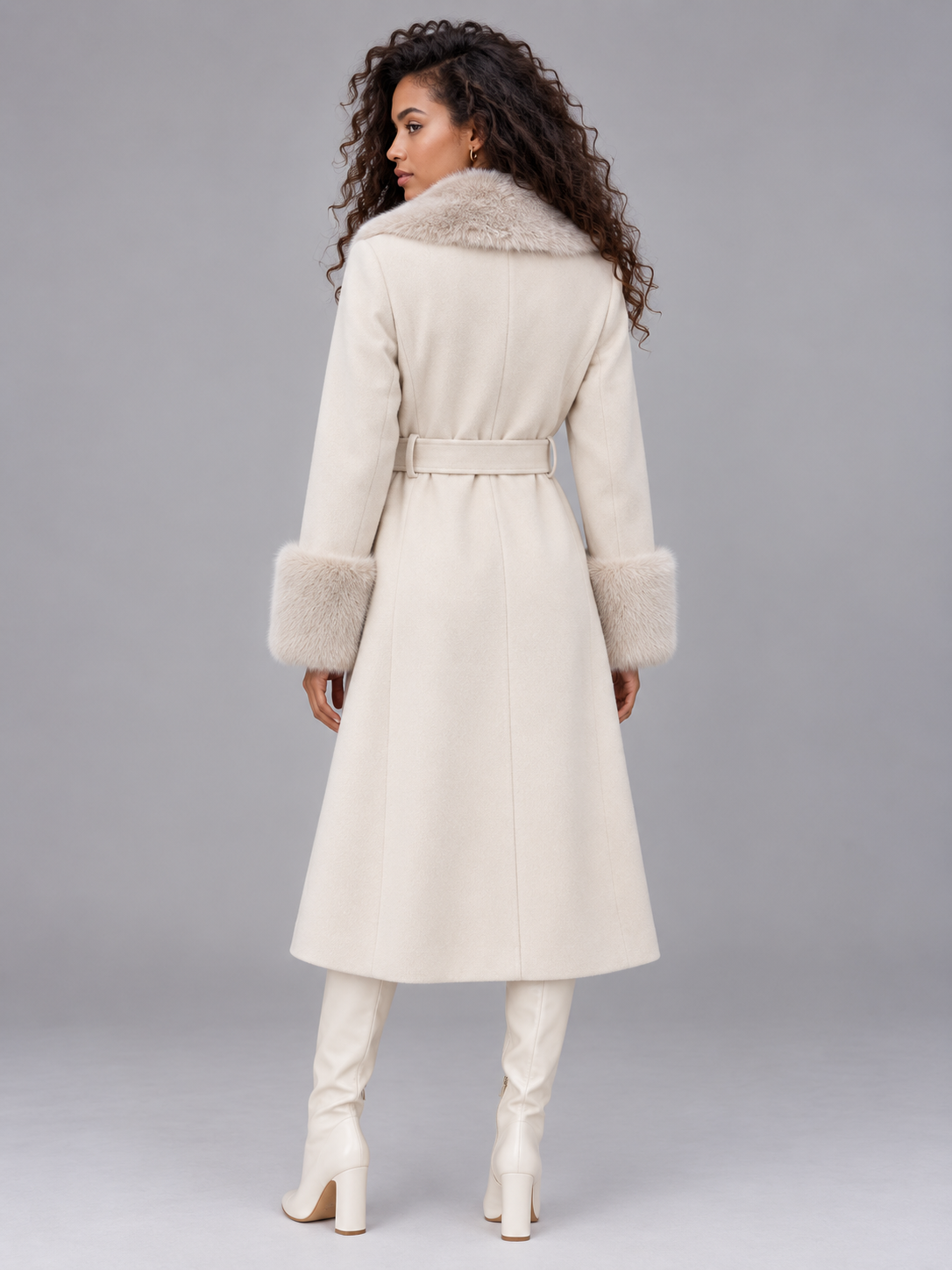 Faux Fur Collar Coat – Belted Double Breasted Long Winter Coat