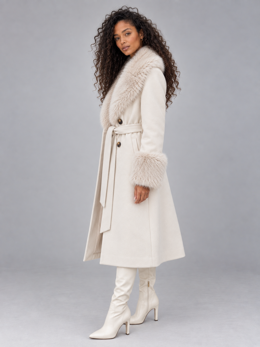 Faux Fur Collar Coat – Belted Double Breasted Long Winter Coat