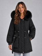 Faux Fur Collar Parka – Hooded Drawstring Winter Coat