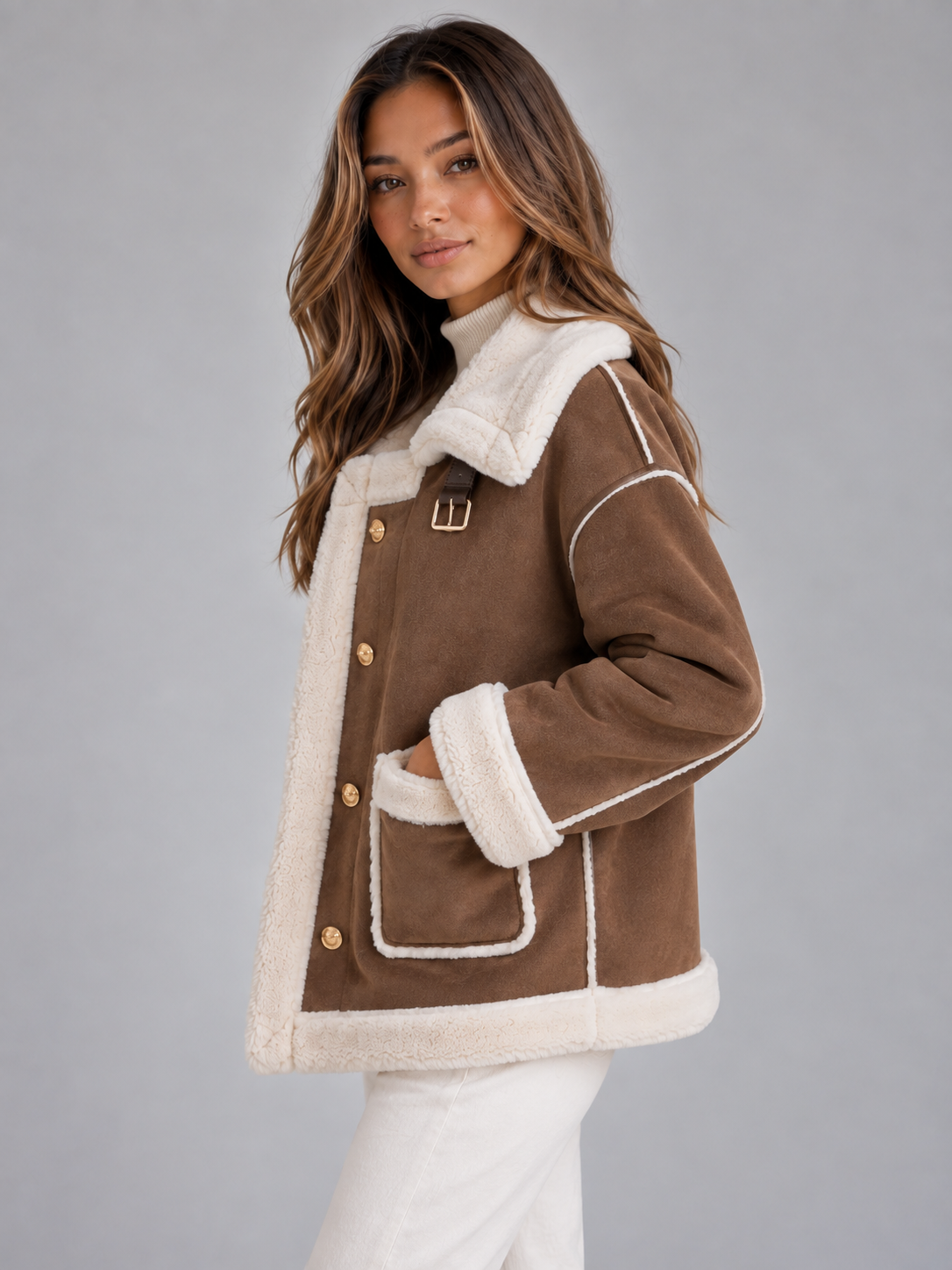 Faux Shearling Suede Look Jacket – Aviator Style Coat
