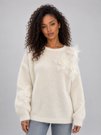 Floral Knit Jumper – Crew Neck Long Sleeve Sweater with 3D Flower Detail