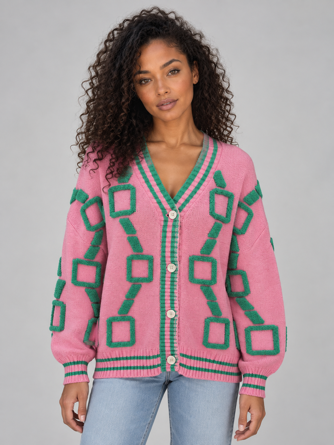 Geometric Pattern V-Neck Cardigan – Button Front Knitted Jumper