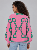 Geometric Pattern V-Neck Cardigan – Button Front Knitted Jumper