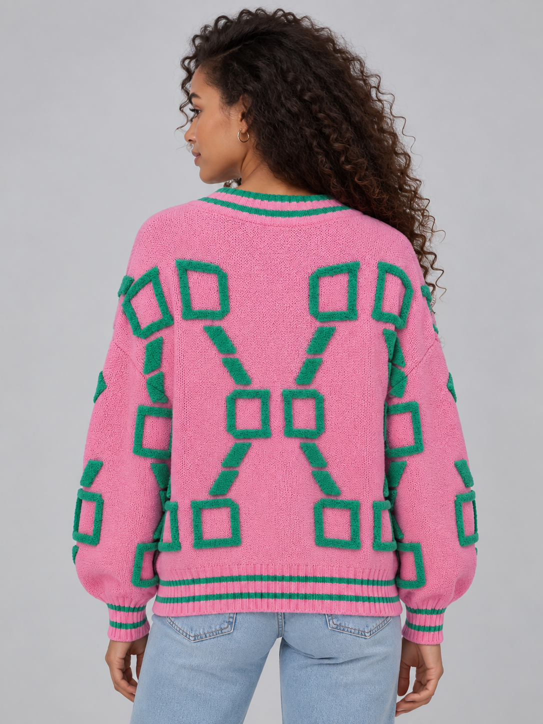Geometric Pattern V-Neck Cardigan – Button Front Knitted Jumper