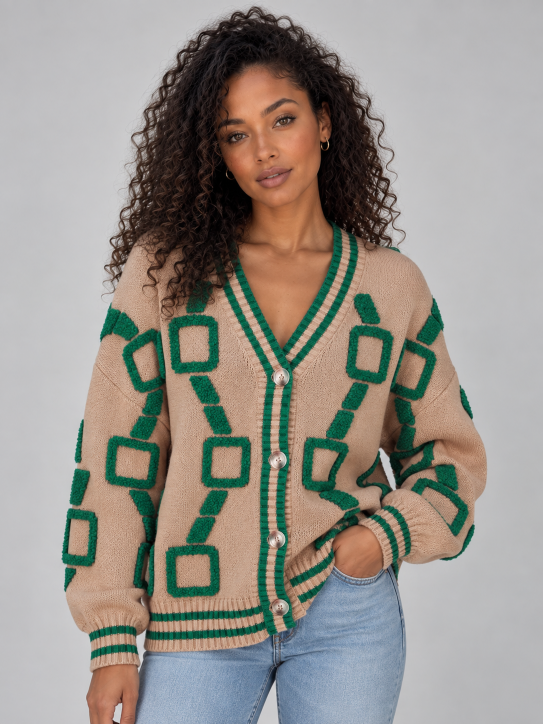 Geometric Pattern V-Neck Cardigan – Button Front Knitted Jumper