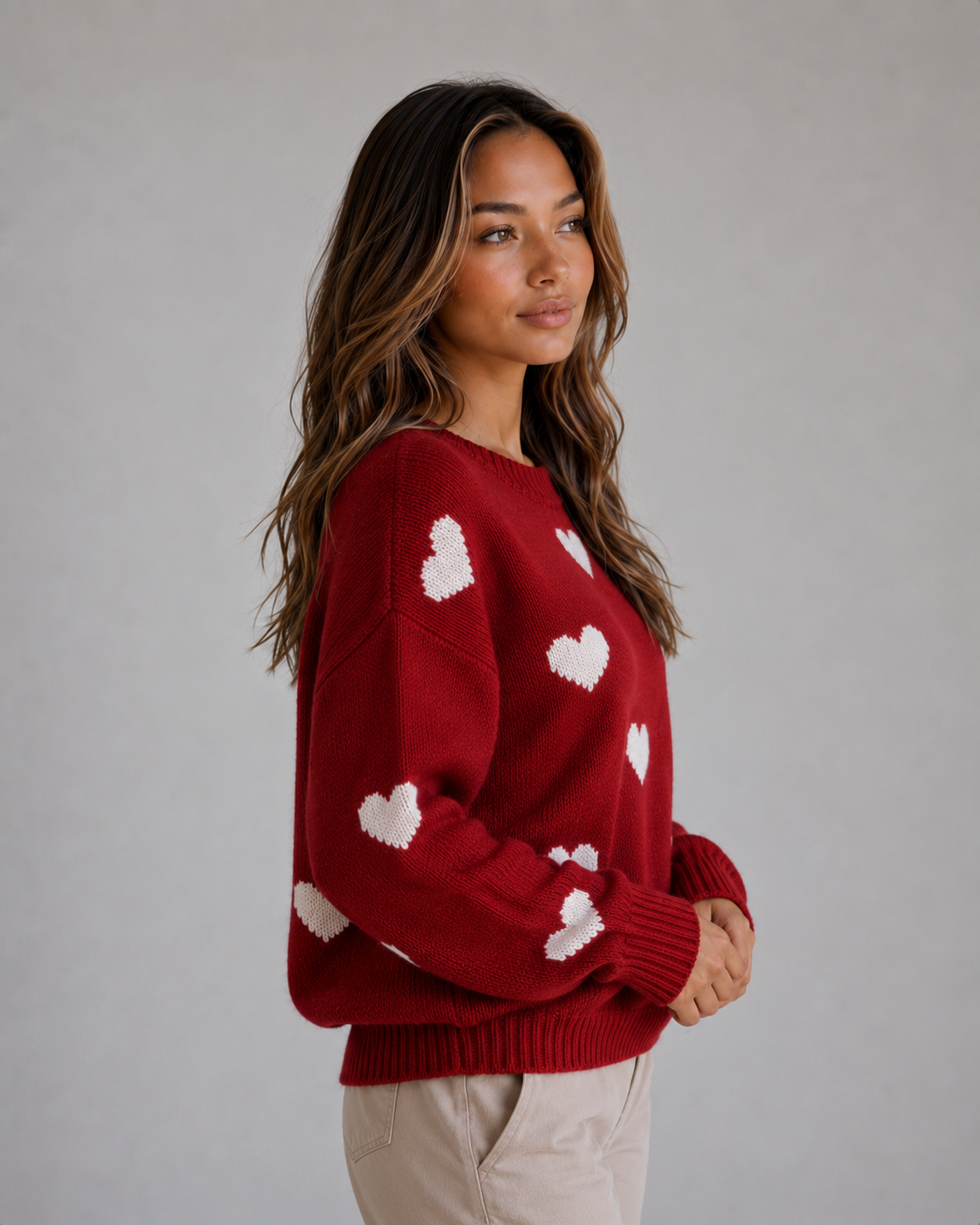 Heart Print Knitted Jumper – Crew Neck Sweater
